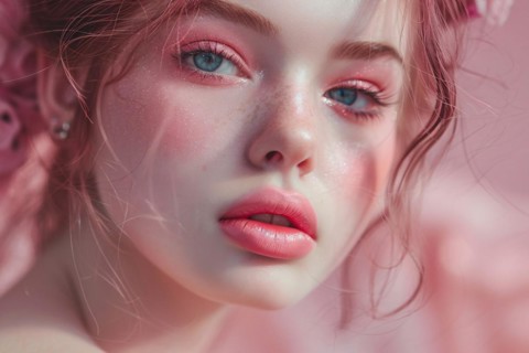 Portrait of beautiful young woman with doll-like features and pink makeup. KI generiert, generiert,