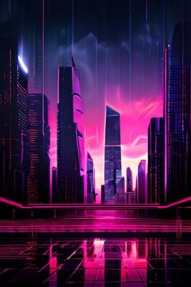 AI generated illustration of a cityscape with skyscrapers and holographic elements in pink color