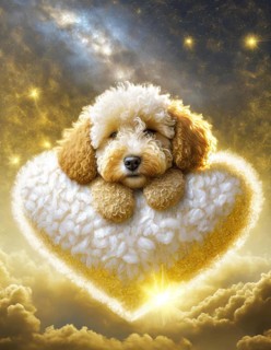 Adorable fluffy puppy lounging on a heart-shaped cloud in a whimsical starlit sky, AI generated