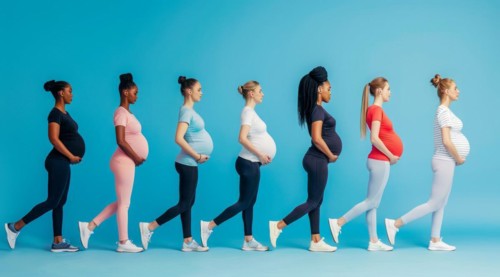 A group of pregnant women are standing in a line, with each woman wearing a different colored