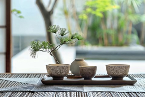 Traditional-looking tea set with a small bonsai tree on a table, tea service, Japan, KI generated,