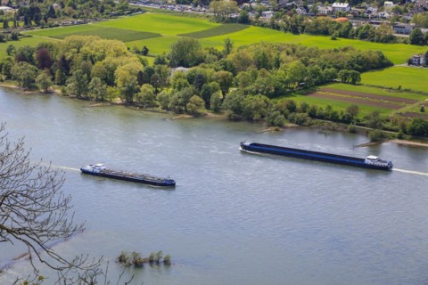 View from Drachenfels, mountain in the Siebengebirge on the Rhine with cargo ships between