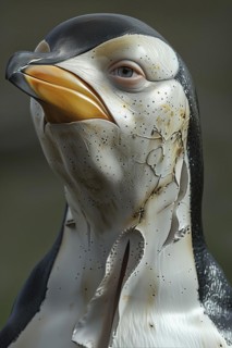 Imaginary penguin with human face and eyes, AI generated