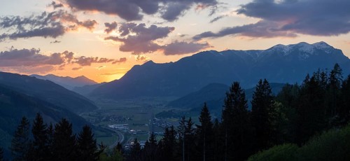 Sunset over the Liesingtal, in the valley the village of Traboch, panoramic shot, Schoberpass