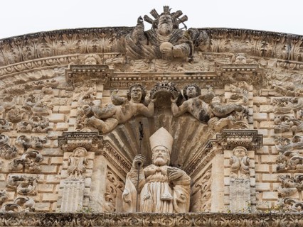 Relief of St Nicholas of Bari on the facade of San Nicola Cathedral, Cattedrale Turritana Sassari,