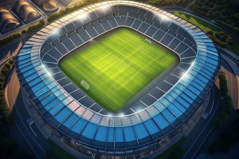 Aerial bird eye top view of a soccer football field stadium, AI generated