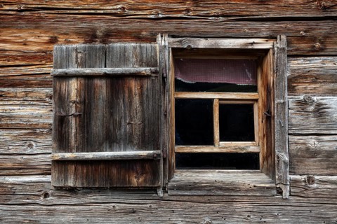 Window with shutter, Naturalpe Gemstel-Schoenesboden-Alpe, Gemsteltal, Mittelberg, Kleinwalsertal,