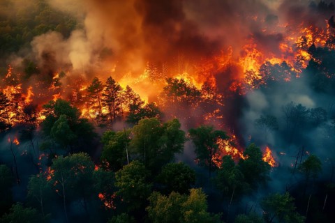 Aerial view of a forest fire is raging through a forest, with smoke and flames visible in the air.