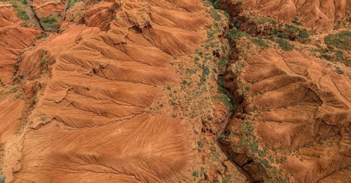 Top down view, gorge with eroded red sandstone rocks, Konorchek Canyon, Boom Gorge, aerial view,