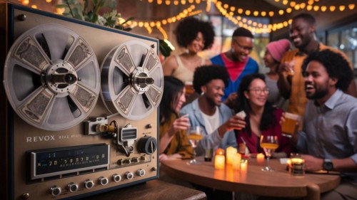 Group of friends enjoying a social event with a vintage reel-to-reel tape recorder playing, AI