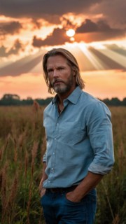 Portrait of a man in a denim shirt with a rural sunset landscape behind him, AI generated