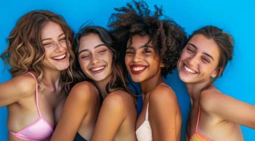 A group of women are smiling and posing for a photo. They are wearing bikinis and hats, AI