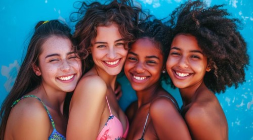 A group of women are smiling and posing for a photo. They are wearing bikinis and hats, AI