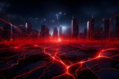 Ai generated conceptual illustration of a neuronal network with city skyline in the background in