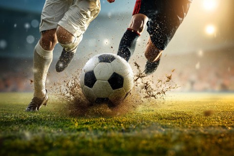 Two soccer players struggle dribble and kick a ball on a football stadium field, AI generated