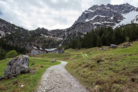 Hiking trail through green meadows, behind Hintere Gemstel-Huette and Widderstein, Gemsteltal,