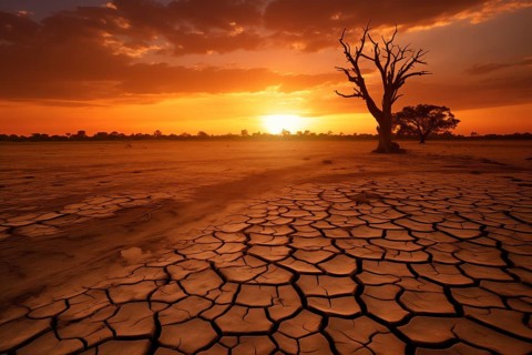 Drought climate change ecology solitude concept, dry dead tree in desert with a dry, cracked ground