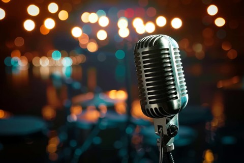 Microphone on a microphone stand with a blurry coloful background, AI generated