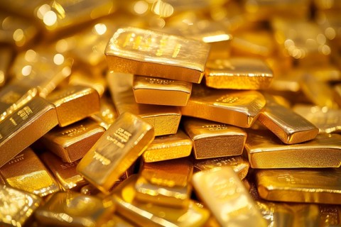 Banking finance concept background, pile of gold bars bullions ingots close up, AI generated