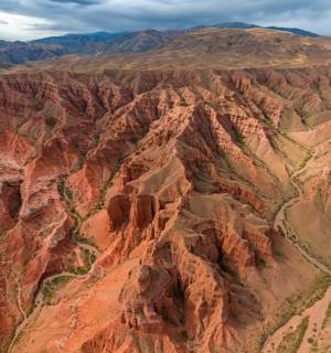 Gorge with eroded red sandstone rocks, Konorchek Canyon, Boom Gorge, aerial view, Kyrgyzstan, Asia