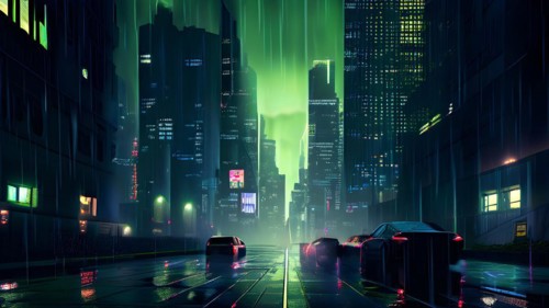 AI generated illustration of a cityscape with skyscrapers and holographic elements in grey and