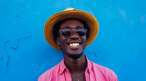Black young positive man with dreadlocks is smiling and standing in front of the building wall.