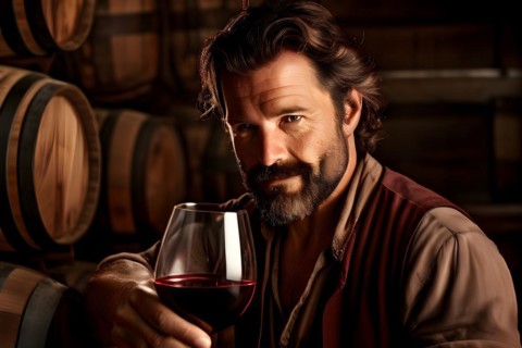 AI generated winemaker tilting a glass of red wine to check quality