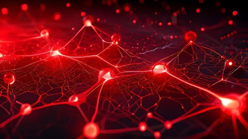 Ai generated conceptual illustration of a neuronal network with interconnected nodes pulsating in
