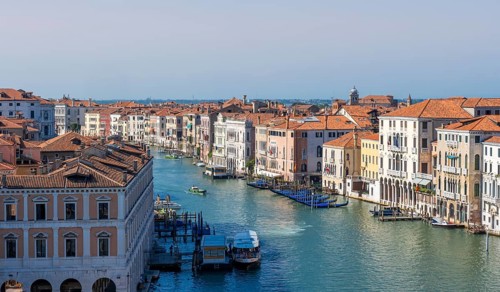 View from the roof of the Fondaco dei Tedeschi, boats on the Grand Canal, Venice, Veneto, Italy,