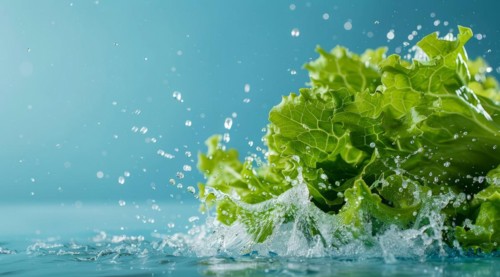 Fresh bunch of romaine lettuce floating in water. A concept of vegetarian lifestyle and vegetarian
