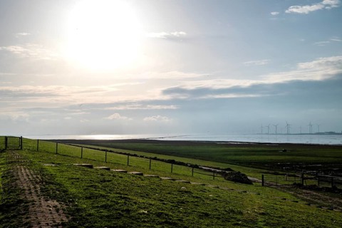 View from the Ems dyke in Pogum to the right bank of the Ems towards Emden and Dollart,