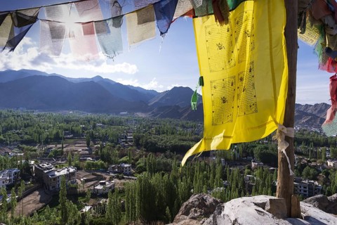 Panorama over Leh and the Indus Valley to the Indian Himalayas, Ladakh, Jammu and Kashmir, India,