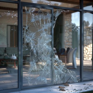 Close-up of a destroyed patio door, with a focus on the pieces of glass, burglary, burglar, home