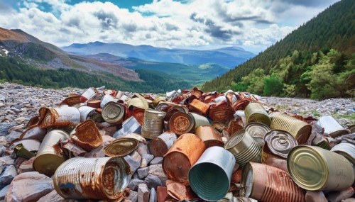 Symbol photo, many empty tin cans, partly crushed, rusty, dirty, lying in the landscape, AI