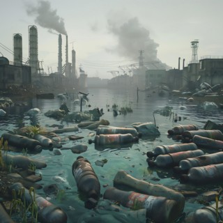 Industrial area in fog with polluted water and protruding barrels, environmental pollution,