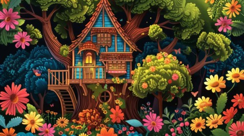 An illuminated treehouse emerges magically among vibrant flowers and dense night-time foliage, AI