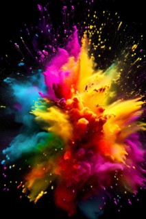 Rainbow-colored holi powder explosively dispersing against a black background, AI generated