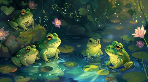 Multiple frogs on lily pads at night, with an enchanting glow from fireflies, AI generated