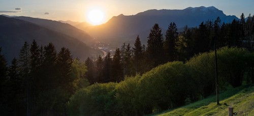 Sunset over the Liesingtal, in the evening light the village of Traboch, Schoberpass federal road,