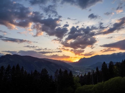 Sunset over the Liesingtal, in the evening light the village of Traboch, Schoberpass federal road,