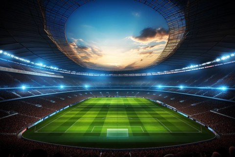 A soccer field with a large crowd of people spectators fans watching the game on sunset. The
