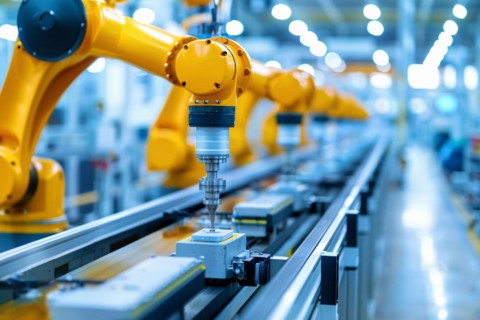 Yellow mechanical arms performing work at production line in factory. KI generiert, generiert, AI