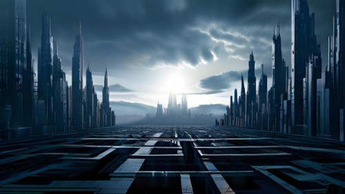 AI generated illustration of a cityscape with skyscrapers and holographic elements in grey color