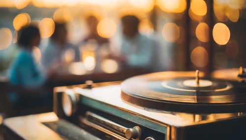 A vinyl record spinning on a turntable with a stylus needle, in a warmly lit setting, AI generated