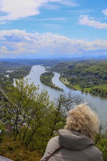 View from the Drachenfels, mountain in the Siebengebirge to the Rhine with Nennenwerth Island