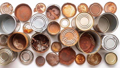 Symbol photo, many empty tin cans, partly crushed, rusty, dirty, on a white background, AI
