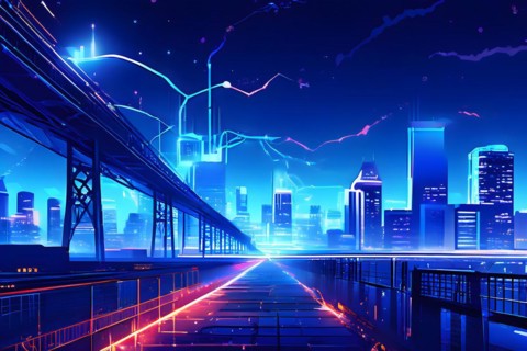 Ai generated conceptual illustration of a neuronal network with city skyline in the background in
