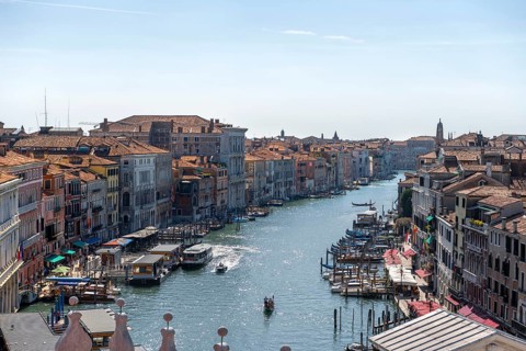 View from the roof of the Fondaco dei Tedeschi, boats on the Grand Canal, Venice, Veneto, Italy,