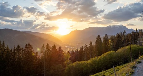 Sunset over the Liesingtal, in the evening light the village Kraubath, Schoberpass federal road,