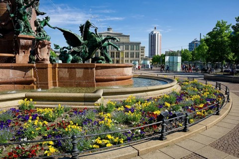 Mendebrunnen, Leipzig Opera House and Winter Garden Tower, Augustusplatz, Leipzig, Saxony, Germany,